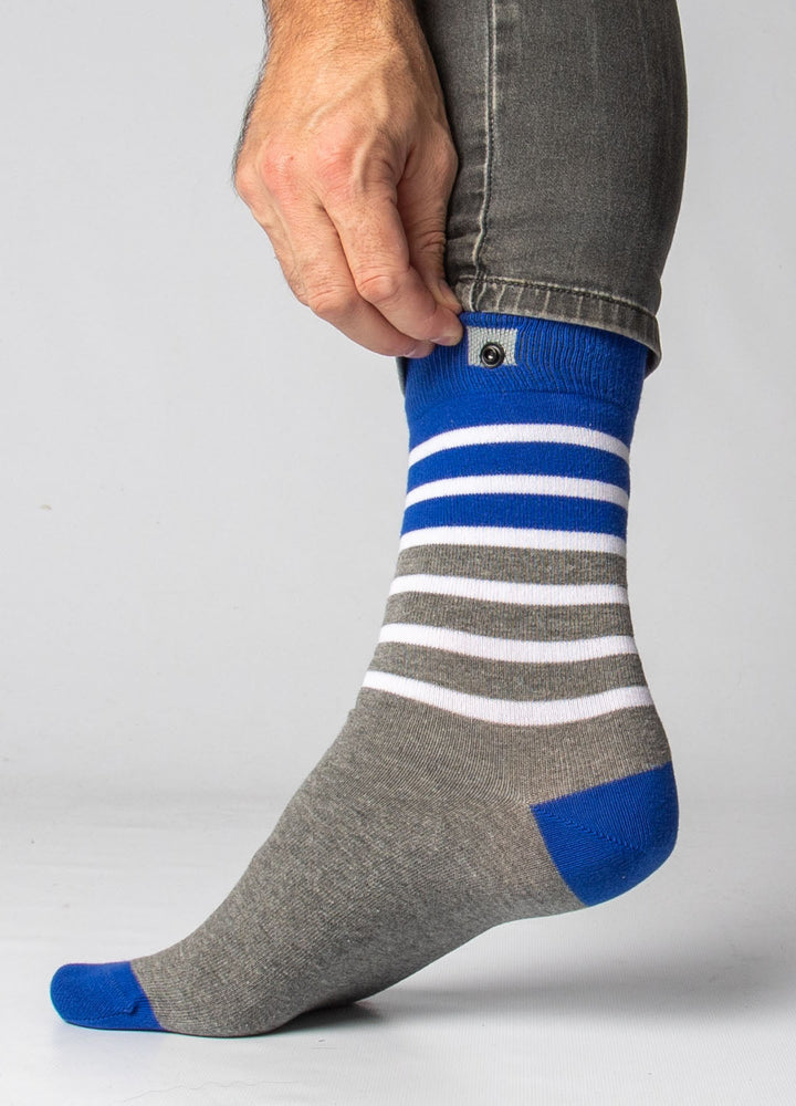 Grey socks with blue stripes 