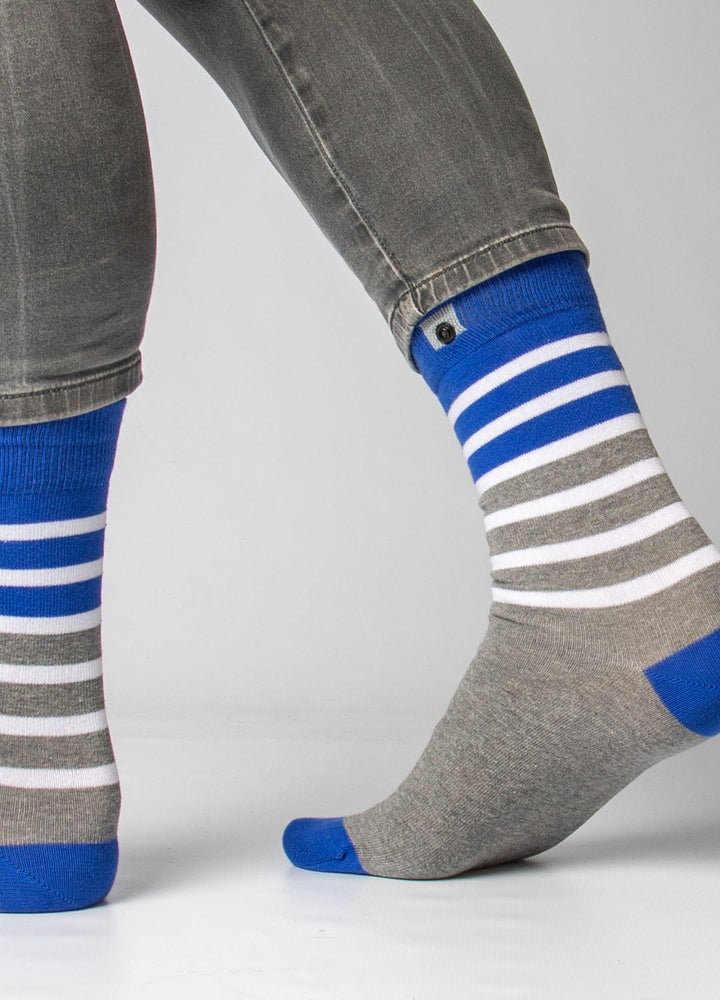 Grey socks with blue stripes 
