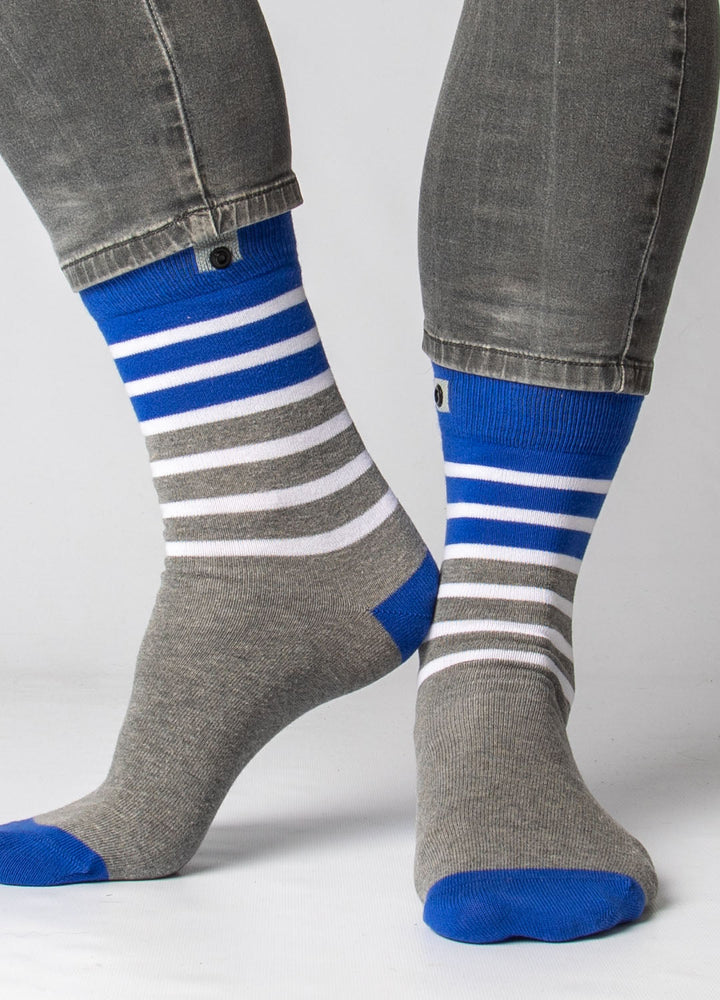 Grey socks with blue stripes 