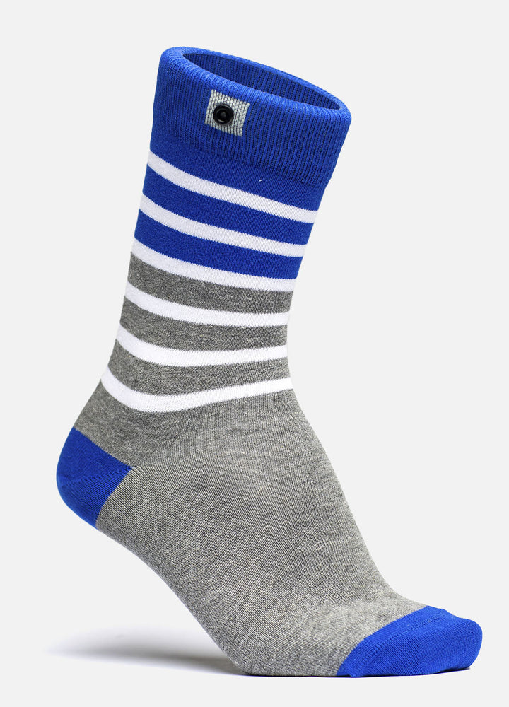 Grey socks with blue stripes 