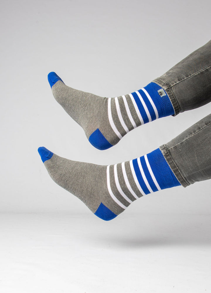 Grey socks with blue stripes 