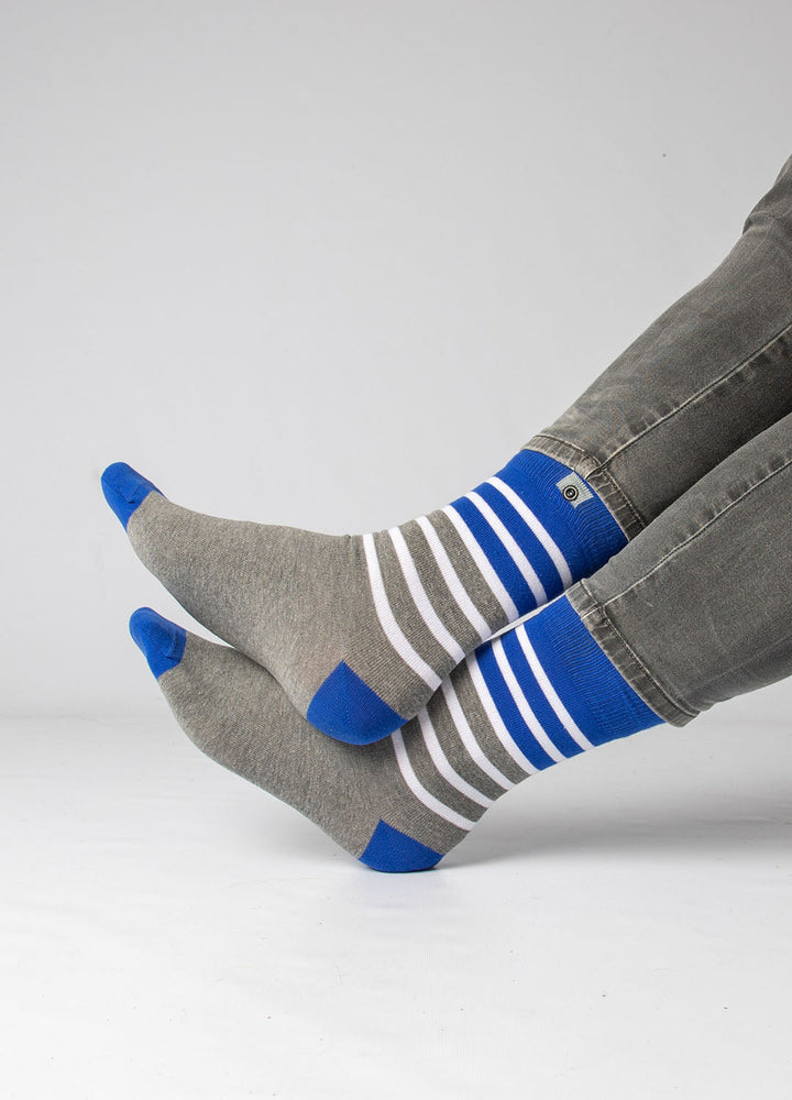 Grey socks with blue stripes 