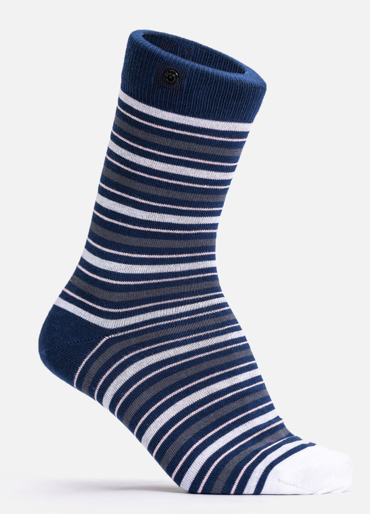 Leeba – organic cotton socks in navy stripes with smart button