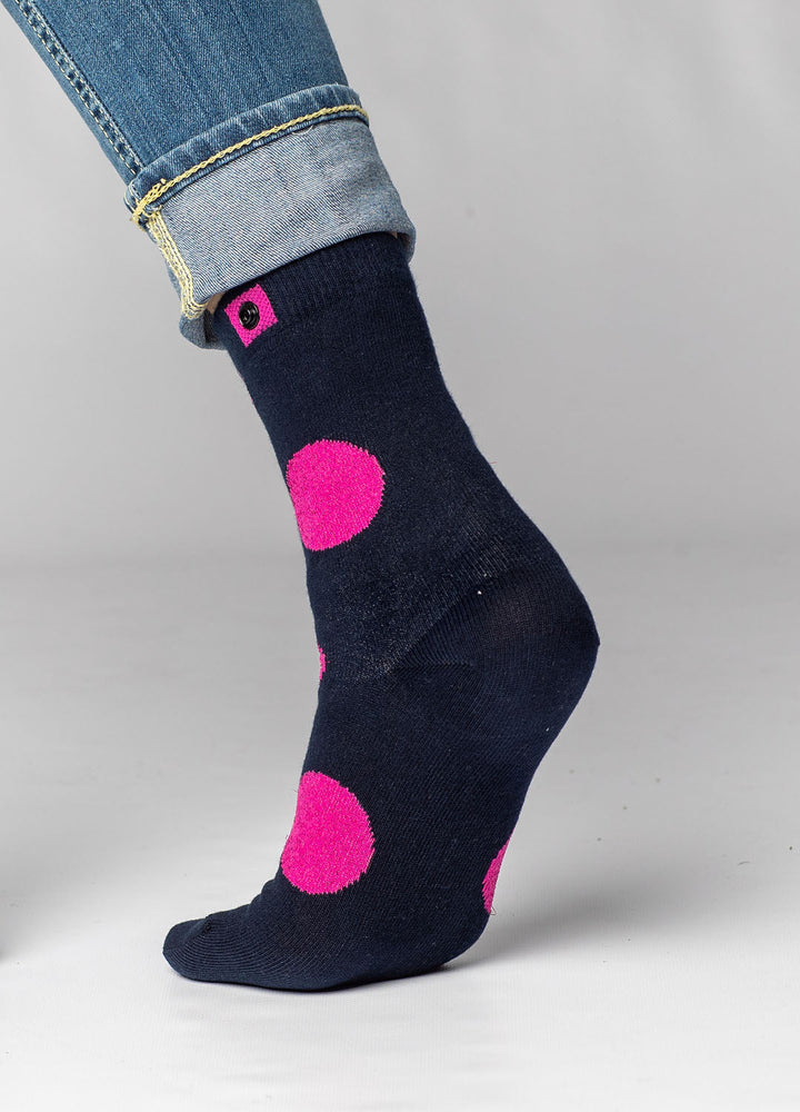 Navy strømper med pink prikker med knap